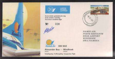 AVIATION 1984 NAMIB AIR SIGNED FLIGHT COVER #20 SW902 ALEXANDER BAY - WINDHOEK