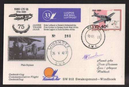 AVIATION 1989 NAMIB AIR SIGNED FLIGHT COVER #33 SW912 SWAKOPMUND - WINDHOEK