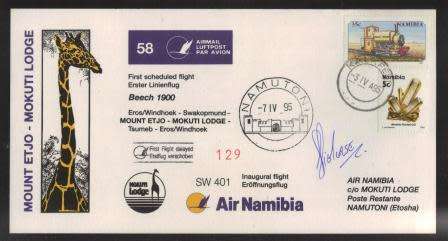 AVIATION 1995 AIR NAMIBIA SIGNED FLIGHT COVER # 58 SW401 KALKVELD - NAMUTONI BEECH 1900