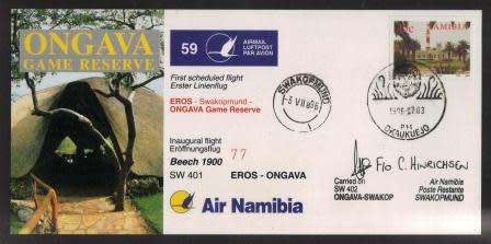 AVIATION 1996 AIR NAMIBIA SIGNED FLIGHT COVER # 59 SW402 ONGAVE - SWAKOPMUND BEECH 1900