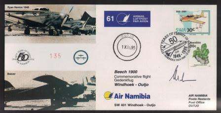 AVIATION 1996 AIR NAMIBIA SIGNED FLIGHT COVER # 61 SW401 WINDHOEK - OUTJO BEECH 1900