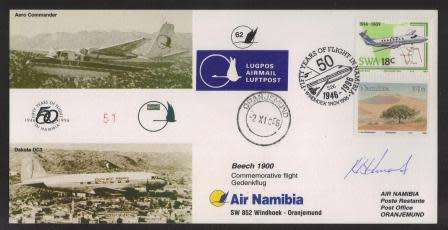 AVIATION 1996 AIR NAMIBIA SIGNED FLIGHT COVER # 62 SW852 WINDHOEK - ORANJEMUND BEECH 1900