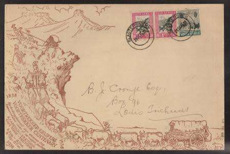 UNION SA 1938 VOORTREKKER MEMORIAL FUND 1ST TREK COM COVER CXD SLAGTERSNEK 26/9/38