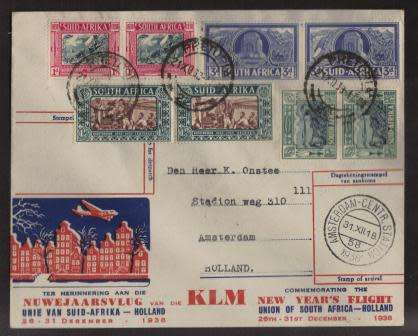UNION SA 1938 VOORTREKKER MEMORIAL FUND KLM NEW YEARS FLIGHT COVER 21/12/38