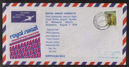 AVIATION 1978 AIRPHILSA FLIGHT COVER #6 SWAZI AIRWAYS FIRST FLIGHT LOUIS BOTHA TO MATSAPHA 7/8/78