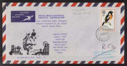 AVIATION 1978 AIRPHILSA FLIGHT COVER #7 ROYAL SWAZI AIRWAYS FIRST FLIGHT MATSAPHA TO JHB 7/8/78