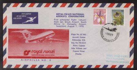 AVIATION 1978 AIRPHILSA FLIGHT COVER #8 ROYAL SWAZI AIRWAYS FIRST FLIGHT JHB TO MATSAPHA 7/8/78