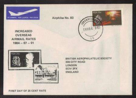 AVIATION 1984 AIRPHILSA FLIGHT COVER #83 FIRST DAY INCREASED AIRMAIL RATE 1/7/84 TO UK