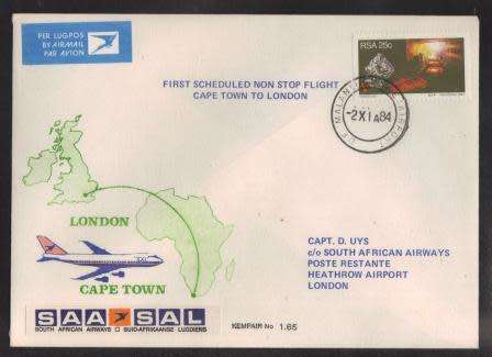 AVIATION 1984 KEMPAIR FLIGHT COVER #1.65 SAA FIRST FLIGHT CAPE TOWN - LONDON