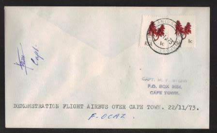 AVIATION 1973 FLIGHT COVER AIRBUS DEMONSTRATION FLIGHT OVER CAPE TOWN SIGNED BY CAPTAIN