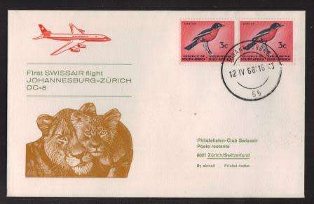 AVIATION 1968 FLIGHT COVER SWISSAIR FIRST FLIGHT JOHANNESBURG - ZURICH DC-8