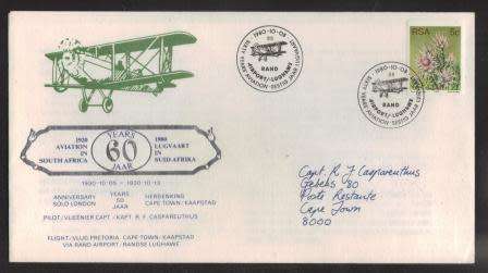 AVIATION 1980 FLIGHT COVER 60 YEARS AVIATION IN SA PTA - CT CAPT RF CASPAREUTHUS #1851/4500