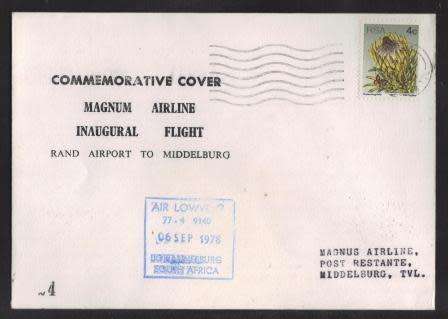 AVIATION 1978 FLIGHT COVER MAGNUM AIRLINE 1ST FLIGHT RAND AIRPORT TO MIDDELBURG #96 OF 220 FLOWN