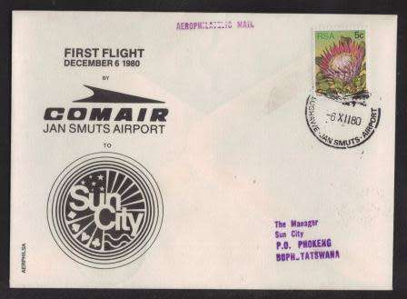 AVIATION 1980 1ST FLIGHT COMAIR FLIGHT COVER JAN SMUTS - SUN CITY
