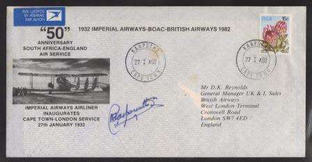 AVIATION 1982 FLIGHT COVER 50TH ANNIV SA-ENGLAND AIR SERVICE SIGNED CAPT CASPAREATHIS #72 OF 220