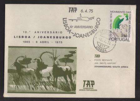 AVIATION 1975 FLIGHT COVER TAP 10TH ANNIV LISBON - JOHANNESBURG