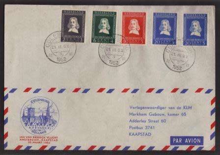 AVIATION 1952 KLM JAN VAN RIEBEECK FLIGHT COVER CULEMBORG - CAPE TOWN