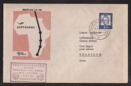 AVIATION 1962 LUFTHANSA FLIGHT COVER 1ST FLIGHT FRANKFURT - JHB VIA KHARTOUM