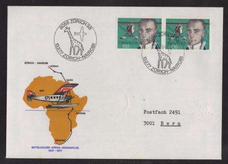 AVIATION 1977 FLIGHT COVER 50TH ANNIV MITTELHOLZER FLIGHT CAPE TOWN - ZURICH VIA NAIROBI