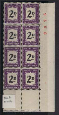 UNION SA 1949 MINT 2d POSTAGE DUE CORNER BLOCK OF 8 WITH RED SHEET NUMBER UPRIGHT WMK SACC 35