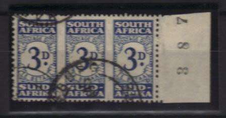UNION SA 1943 3d POSTAGE DUE USED MARGINAL STRIP WITH BLACK SHEET NUMBER UPRIGHT WMK SACC 32