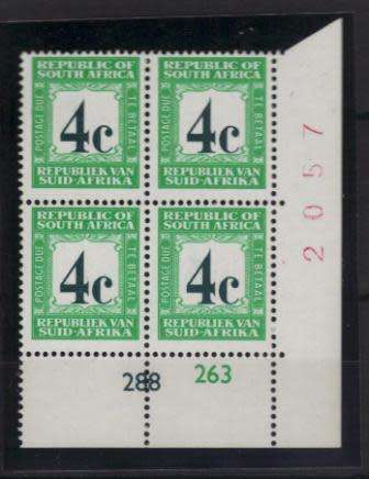 RSA 1969 MNH 4c POSTAGE DUE CONTROL BLOCK OF 4 WITH ENGLISH ON TOP RSA UPRIGHT WMK SACC 62