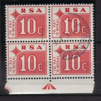 RSA 1972 10c POSTAGE DUE USED ARROW BLOCK OF 4 RSA TB WMK SACC 68