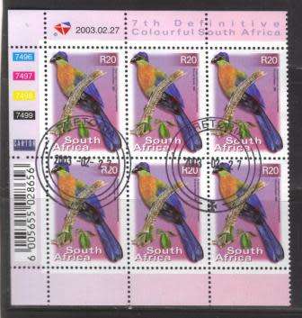 RSA 2003 7TH DEFINITIVE R20 BIRDS USED (CTO) CONTROL BLOCK 7496 OF 6 DATED 20030227