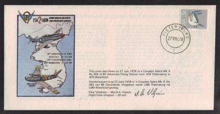 SA AIR FORCE (SAAF) FLIGHT COVER #1 - 25TH ANNIV OF KOREA ARMISTACE SIGNED BY PILOT MAJ D A VILJOEN