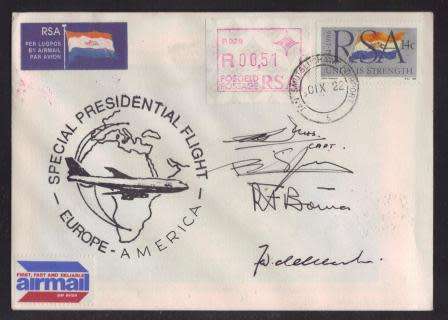 RSA 1990 SPECIAL PRESIDENTIAL FLIGHT TO THE USA SIGNED PRESIDENT FW DE KLERK & 3 OTHERS