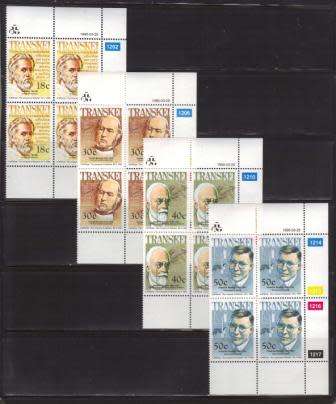 TRANSKEI 1990 HEROES OF MEDICINE SET OF 4 MNH CONTROL BLOCKS OF 4