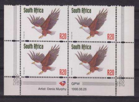 RSA 1998 REDRAWN 6TH DEFINITIVE THREATENED FAUNA R20 MNH CONTROL BLOCK PANE D DATED 26/8/1998
