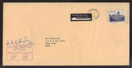 RSA 1985 CS CABLE RESTORER SHIP MAIL COVER SIGNED BY MASTER WITH SEAMEN`S MAIL TAG