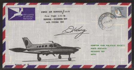 AVIATION 1976 KEMPAIR FLIGHT COVER #31 EMRIC AIR SERVICES/SAA FIRST FLIGHT DURBAN TO RICHARDS BAY