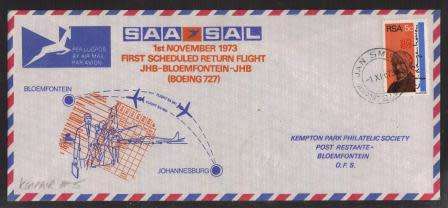AVIATION 1973 KEMPAIR FLIGHT COVER #5 SAA 1ST RETURN FLIGHT JHB-BLOEM-JHB BOEING 727