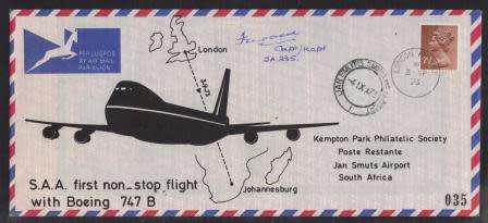 AVIATION 1973 KEMPAIR FLIGHT COVER #4 SAA 1ST NON STOP FLIGHT BOEING 747B LDN-JHB SIGNED CAPTAIN