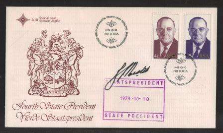 RSA 1978 INAUGURATION 4TH STATE PRESIDENT BJ VORSTER OFFICIAL FDC 3.10S SIGNED BY HIM WITH CACHET