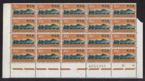 RSA 1969 100TH ANNIV ZAR 2and1/2c MNH EXTENDED CONTROL BLOCK OF 20 PANE A SWISS PAPER