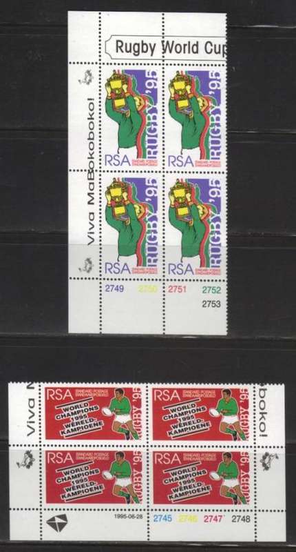 RSA 1995 RUGBY CHAMPIONS SET OF 2 MNH CONTROL BLOCKS OF 4
