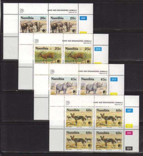 NAMIBIA 1993 RARE AND ENDANGERED ANIMALS SET OF 4 MNH CONTROL BLOCKS OF 4