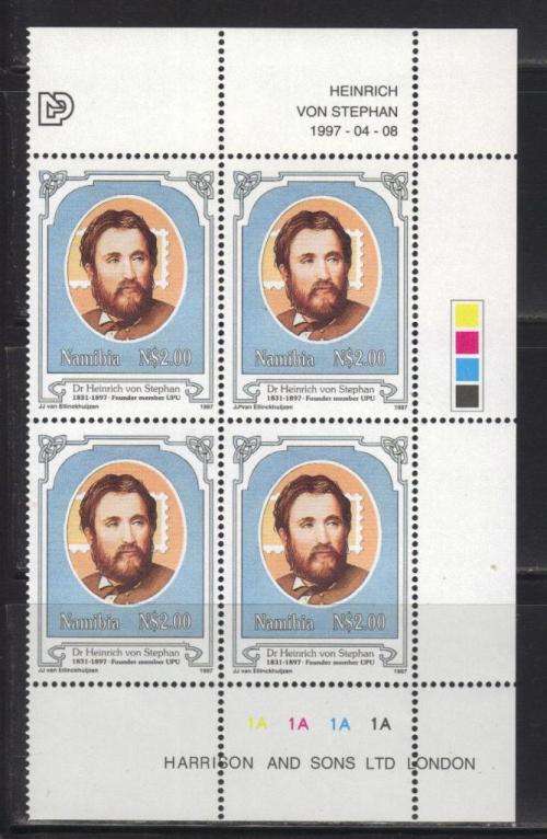 NAMIBIA 1997 FOUNDER OF UPU MNH CONTROL BLOCK OF 4