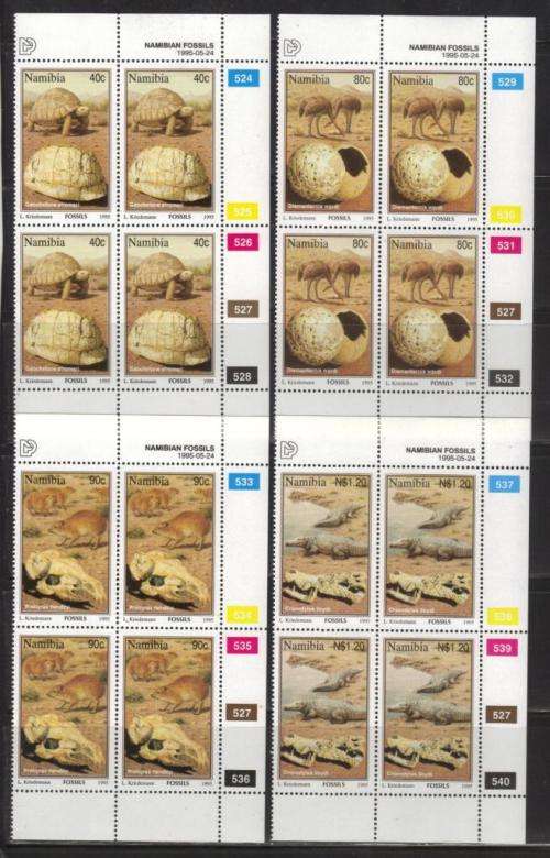 NAMIBIA 1995 FOSSILS SET OF 4  MNH CONTROL BLOCKS OF 4