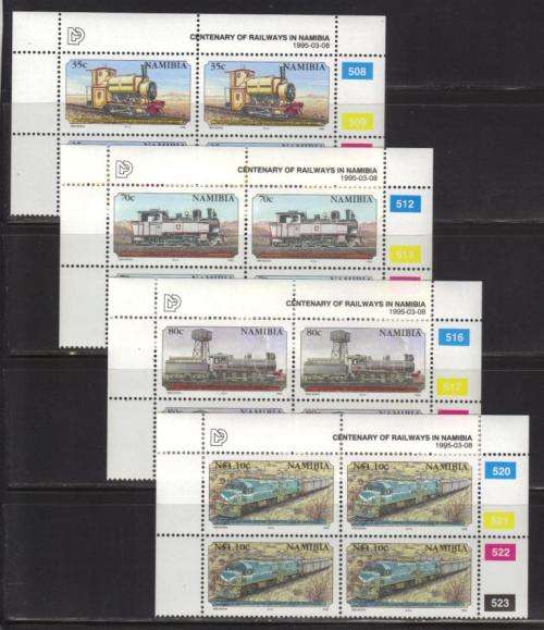 NAMIBIA 1995 CENTENARY OF RAILWAYS SET OF 4  MNH CONTROL BLOCKS OF 4