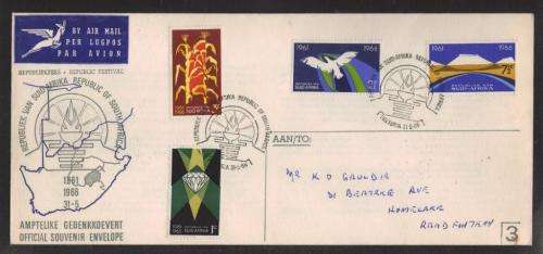 RSA 1966 5TH ANNIV RSA OFFICIAL FDC #3 WITH SET OF 4 AFRIKAANS STAMPS ADDRESSED TO RANDFONTEIN