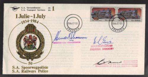 RAILWAYS COM COVER - 1984 SA TRANSPORT SERVICES # 1 SIGNED BY MIN SCHOEMAN and GM and COMMISSIONER