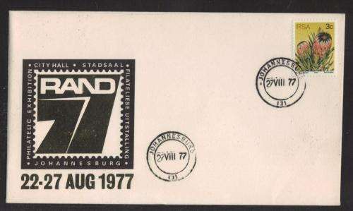 RSA 1977 RAND 77 PHILATELIC EXHIBITION COM COVER JHB 27/8/77 BY HAND D/S