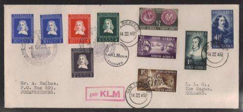AVIATION 1952 TERCENTENARY VAN RIEBEECK KLM FLIGHT COVER 14/3/52 WITH 5 DUTCH STAMPS