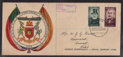 UNION SA 1955 CENTENARY PRETORIA SET OF 2 ON REG COM COVER WITH TEPPEX 31/10-5/11/55 D/S