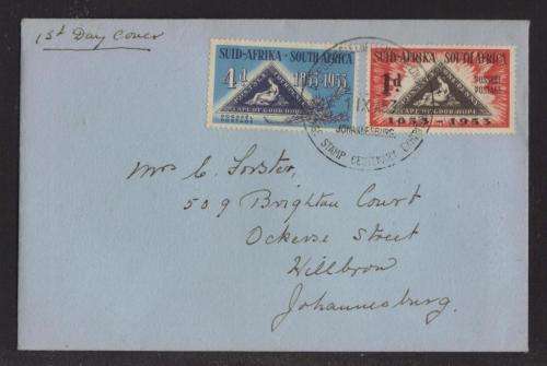 UNION SA 1953 CENTENARY CAPE TRIANGULAR SET OF 2 ON PRIVATE FDC WITH SPECIAL D/S 1/9/53