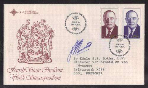 RSA 1978 4TH STATE PRESIDENT BJ VORSTER OFFICIAL FDC 3.10S SIGNED BY HIM and ADDRESSED TO SP BOTHA